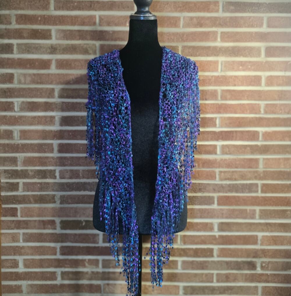 Hand Knitted Blue & Purple Ladder Yarn Triangle Shawl Wrap with Fringe